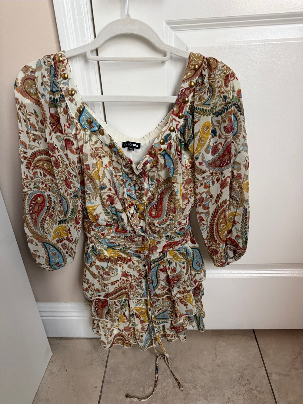 Fashion Nova Cream Paisley Tie-Waist Tunic with Multicolor Print